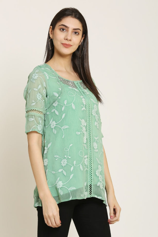 PINK SQUARE Light Green Embroidered Lace Chiffon Top with Lining and Sequin Neck Work