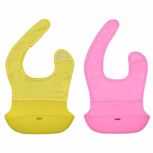 Waterproof Silicone Roll-up Baby Feeding Bibs with Crumb Catcher, Food Catching Pocket, Washable, Food Grade, BPA Free, Adjustable Neck Loop, Set of 2 Colors (Pink/Yellow)
