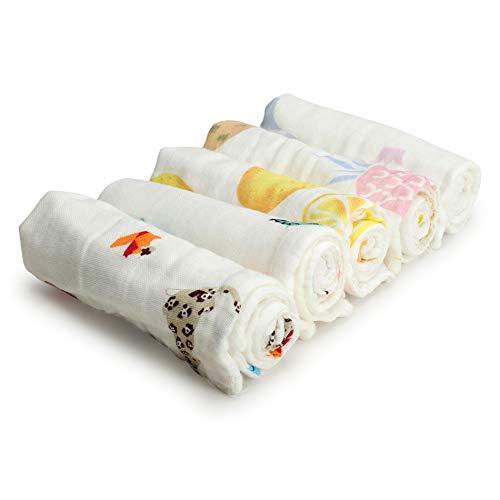 Muslin Baby Washcloths, Premium Reusable Wipes, Super Absorbent, Extra Soft to Baby Delicate Skin, 10x10 inches, Pack of 5
