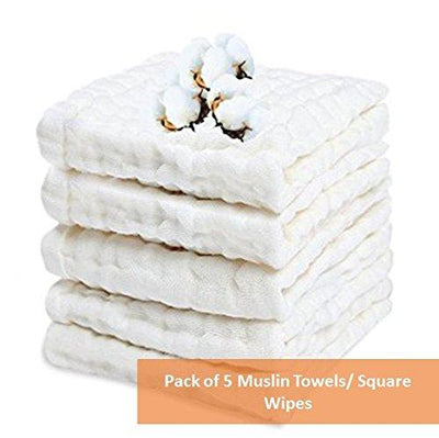 Square Muslin Baby Towels Square Wipes, 10x10-inches, 0-18 Months (White) - Pack of 5