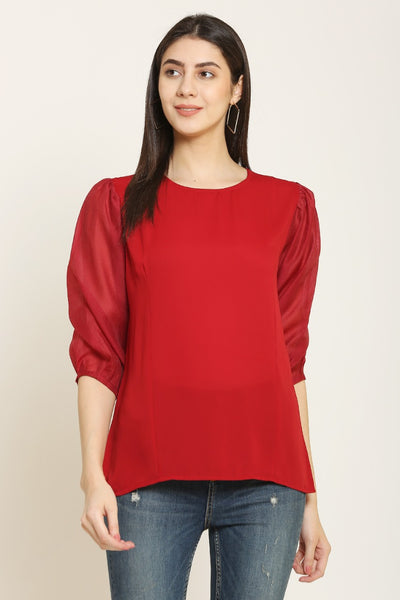 PINK SQUARE Red Regular Fit Casual Top with 3/4th Balloon Sleeves