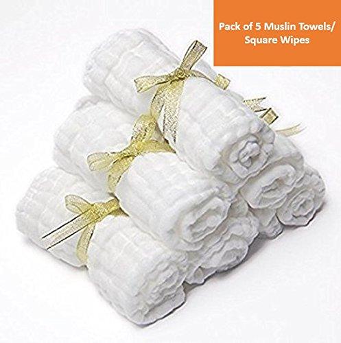 Square Muslin Baby Towels Square Wipes, 10x10-inches, 0-18 Months (White) - Pack of 5
