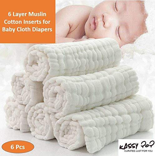 KASSY POP Unisex 6 Layer Muslin Cotton and Microfiber Highly Absorbent Reusable Inserts Diaper Liner for Baby Cloth Nappies (Pack of 6 Pieces)