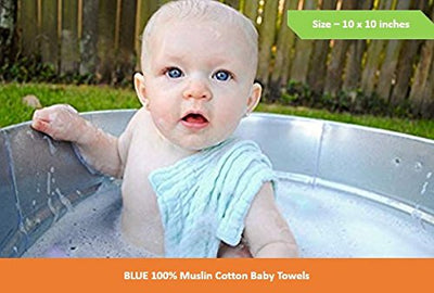 Premium Blue Baby Muslin Towels cum Square Wipes – Muslin Baby Washcloths, Premium Reusable Wipes, Cotton Muslin Squares, Super Absorbent, Extra soft to Baby Delicate Skin, 10x10 inches, Pack Of 5 (0-18 Months)