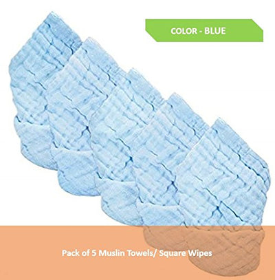 Premium Blue Baby Muslin Towels cum Square Wipes – Muslin Baby Washcloths, Premium Reusable Wipes, Cotton Muslin Squares, Super Absorbent, Extra soft to Baby Delicate Skin, 10x10 inches, Pack Of 5 (0-18 Months)