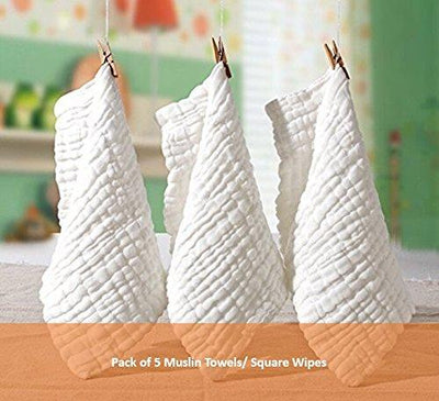 Square Muslin Baby Towels Square Wipes, 10x10-inches, 0-18 Months (White) - Pack of 5