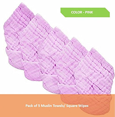KASSY POP Baby's Cotton Muslin Reusable Absorbent Towels Washcloths (Pink, 0-18 Months, 10x10 Inches) - Pack of 5