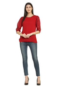 PINK SQUARE Red Regular Fit Casual Top with 3/4th Balloon Sleeves