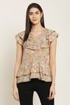 PINK SQUARE Brown Floral Printed Peplum Style Double Layered Ruffle Top