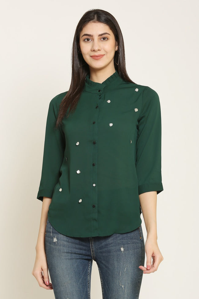 PINK SQUARE Emerald Green Shirt Style Top with Ruffle Collar Neck and 3/4 Sleeves