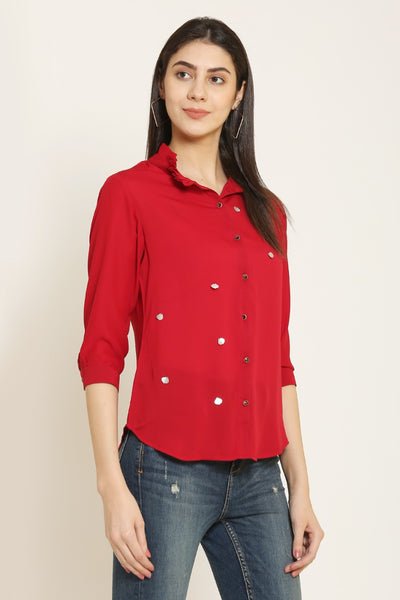 PINK SQUARE Red Ruffle Collar Neck Shirt Style Casual Top with 3/4 Sleeves