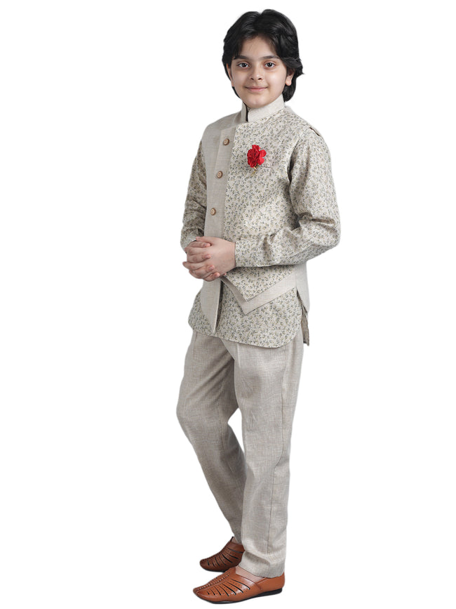 SQUARE Boys' Festival Collection Cotton Linen Kurta Pyjama Set with Designer Waist Jacket - Beige