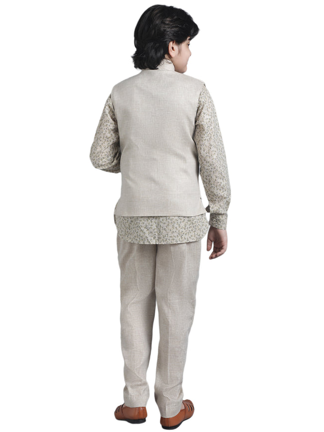 SQUARE Boys' Festival Collection Cotton Linen Kurta Pyjama Set with Designer Waist Jacket - Beige