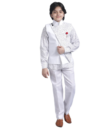 SQUARE Boys' Festival Collection Cotton Linen Kurta Pyjama Set with Designer Waist Jacket - White