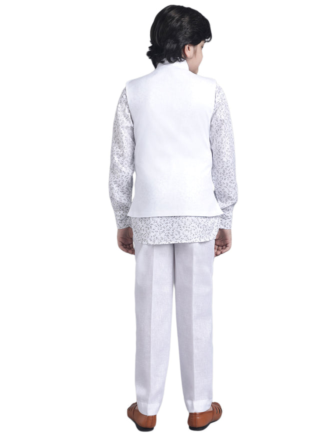 SQUARE Boys' Festival Collection Cotton Linen Kurta Pyjama Set with Designer Waist Jacket - White