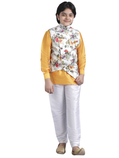 SQUARE Boys' Cotton Linen Kurta Pyjama Set with Digital Print Elephant Design Waist Jacket