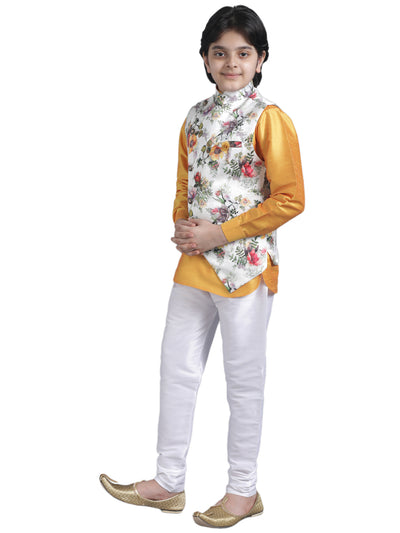 SQUARE Boys' Cotton Linen Kurta Pyjama Set with Digital Print Elephant Design Waist Jacket