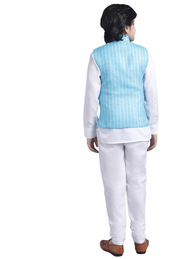 SQUARE Boys' Cotton Linen Kurta Pyjama Set with Digital Print Design Waist Jacket