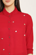 PINK SQUARE Red Ruffle Collar Neck Shirt Style Casual Top with 3/4 Sleeves