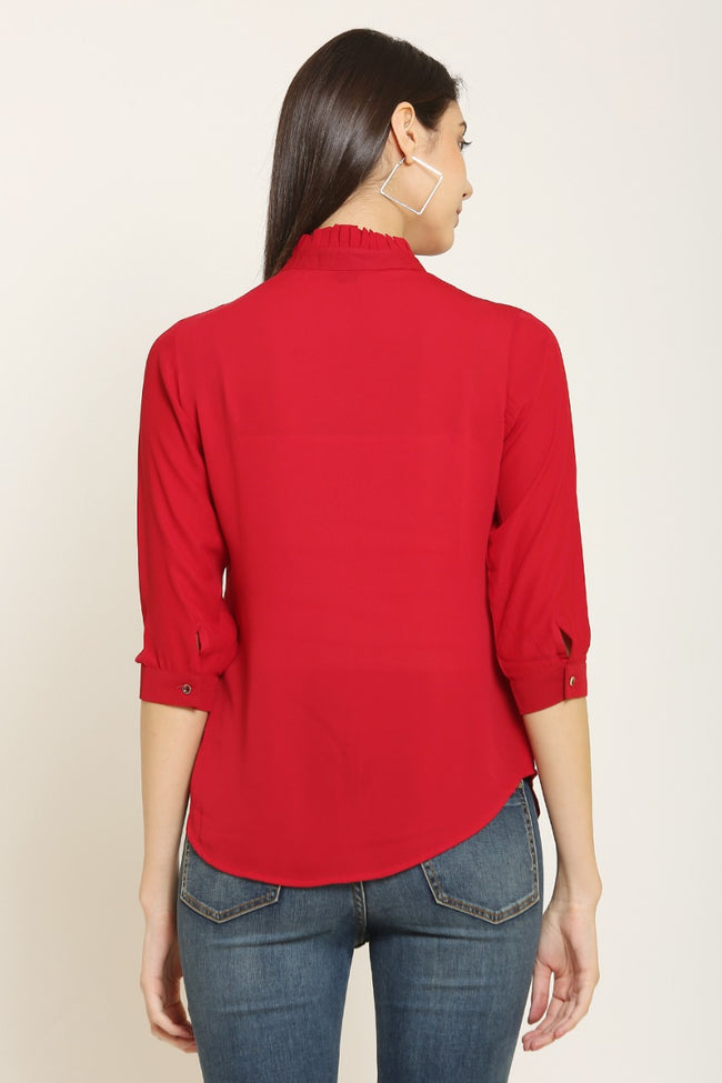 PINK SQUARE Red Ruffle Collar Neck Shirt Style Casual Top with 3/4 Sleeves