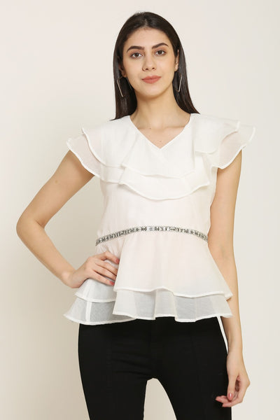 PINK SQUARE White Semi Sheer Embellished Peplum Style Ruffle Top