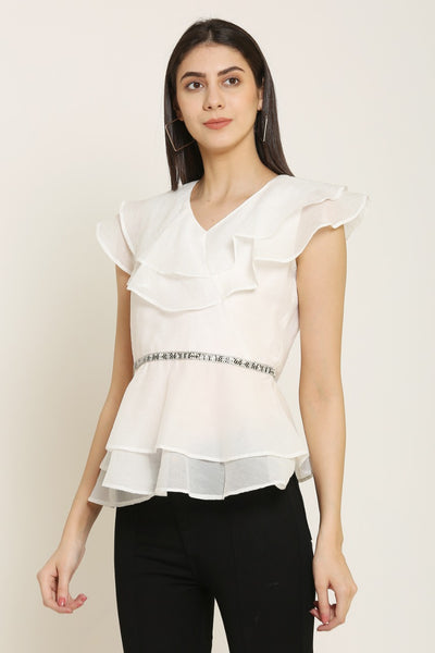 PINK SQUARE White Semi Sheer Embellished Peplum Style Ruffle Top