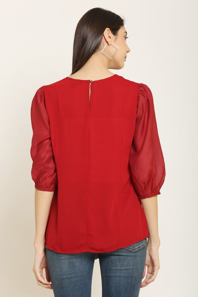 PINK SQUARE Red Regular Fit Casual Top with 3/4th Balloon Sleeves