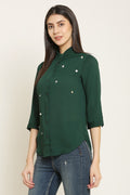 PINK SQUARE Emerald Green Shirt Style Top with Ruffle Collar Neck and 3/4 Sleeves