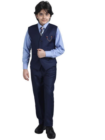 SQUARE Kids Western Wear 3 Piece Suit Set with Tie, Shirt, Trousers and Waistcoat - Navy Blue