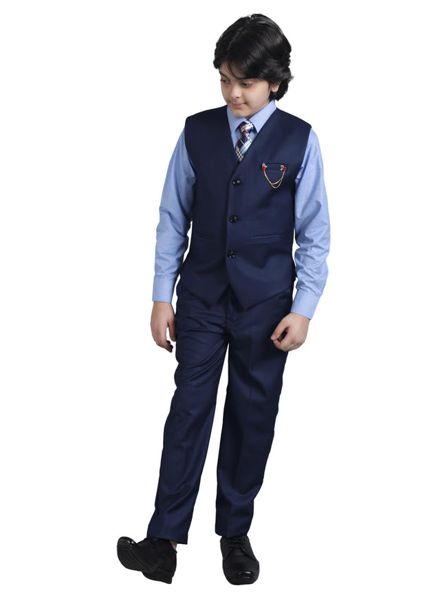 SQUARE Kids Western Wear 3 Piece Suit Set with Tie, Shirt, Trousers and Waistcoat - Navy Blue