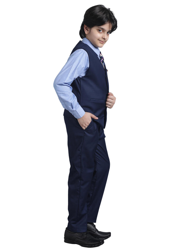 SQUARE Kids Western Wear 3 Piece Suit Set with Tie, Shirt, Trousers and Waistcoat - Navy Blue