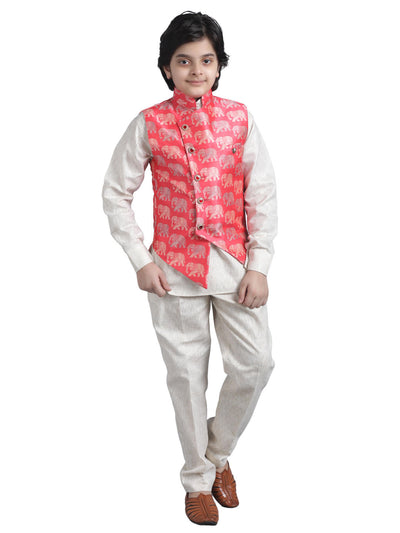 SQUARE Boys' Cotton Linen Kurta Pyjama Set with Digital Print Elephant Design Waist Jacket