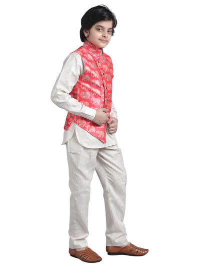 SQUARE Boys' Cotton Linen Kurta Pyjama Set with Digital Print Elephant Design Waist Jacket