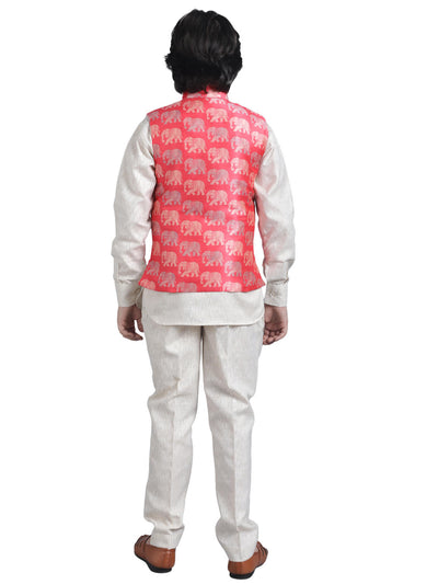 SQUARE Boys' Cotton Linen Kurta Pyjama Set with Digital Print Elephant Design Waist Jacket