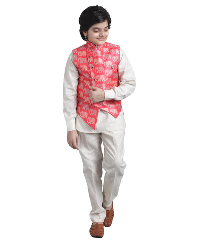 SQUARE Boys' Cotton Linen Kurta Pyjama Set with Digital Print Elephant Design Waist Jacket