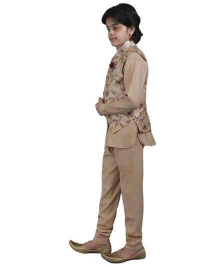 SQUARE Boys' Cotton Linen Kurta Pyjama Set with Digital Print Golden Waist Jacket