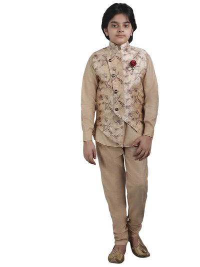 SQUARE Boys' Cotton Linen Kurta Pyjama Set with Digital Print Golden Waist Jacket