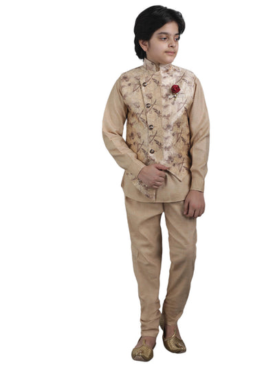 SQUARE Boys' Cotton Linen Kurta Pyjama Set with Digital Print Golden Waist Jacket